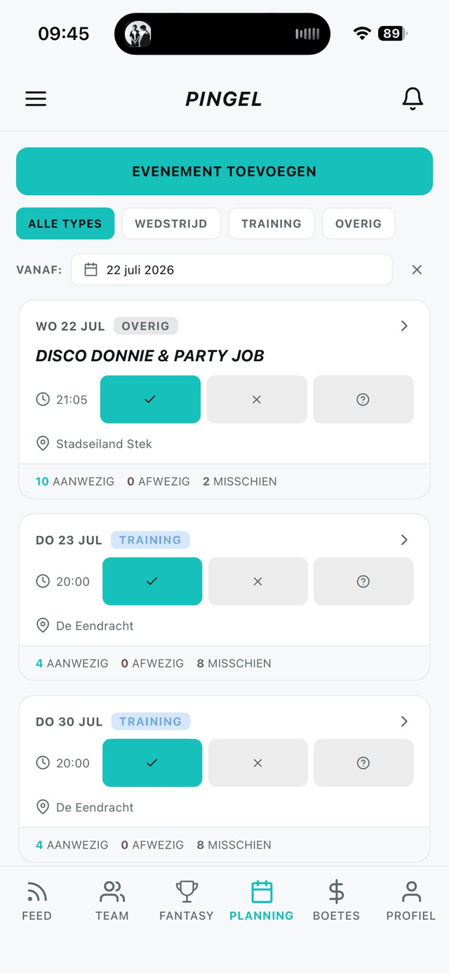 Planning met aanwezigheid per evenement